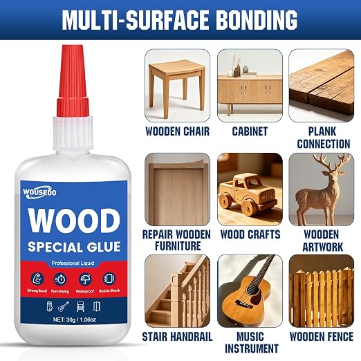 WOUSEDO Wood Glue 30g, Clear Fast Drying Cyanoacrylate Adhesive | CA Glue for Timber, Hardwood, Softwood, Particle Board, Furniture, Ideal for Woodworking & Craft Repair, Waterproof & Strong
