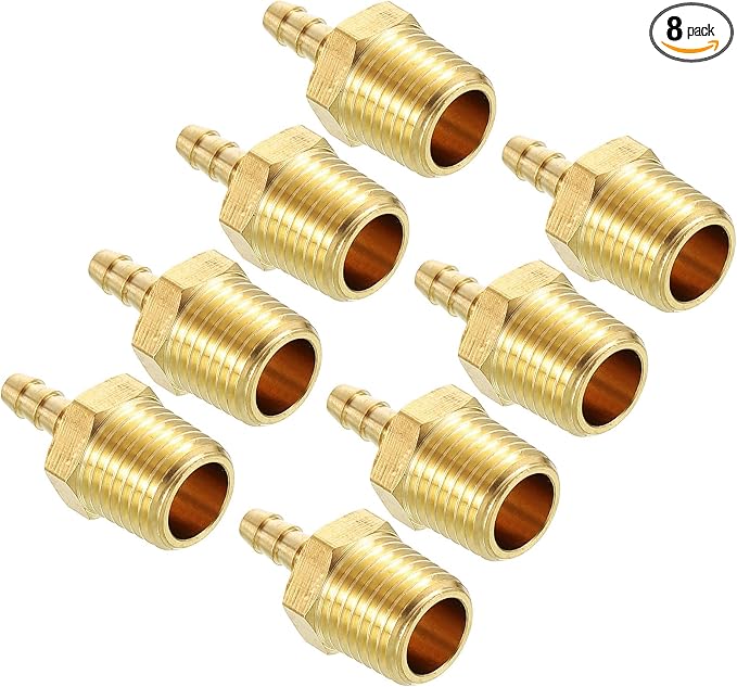 Pack of 8 Brass Hose Barbed Fittings Adapter Connector 1/8" Hose Barb to 1/4" NPT Male Fittings for Home Machines, Massage Bathtubs, and Irrigation Systems