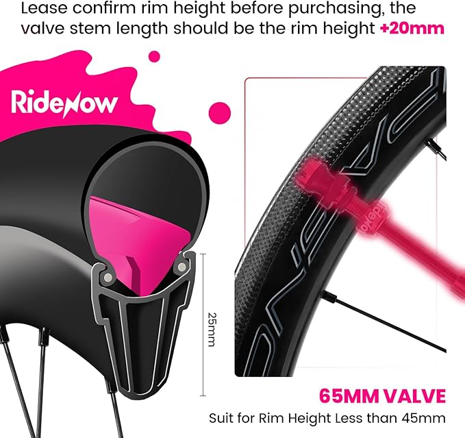 RideNow Tubeless Presta Valve Stems, 65mm Super Light 7075 Aluminum Alloy Presta Tubeless Valve Stem Kit with Valve Core Remover Tool and Valve Stem Caps, Multiple Color & Size Options(Pair), Rose Red