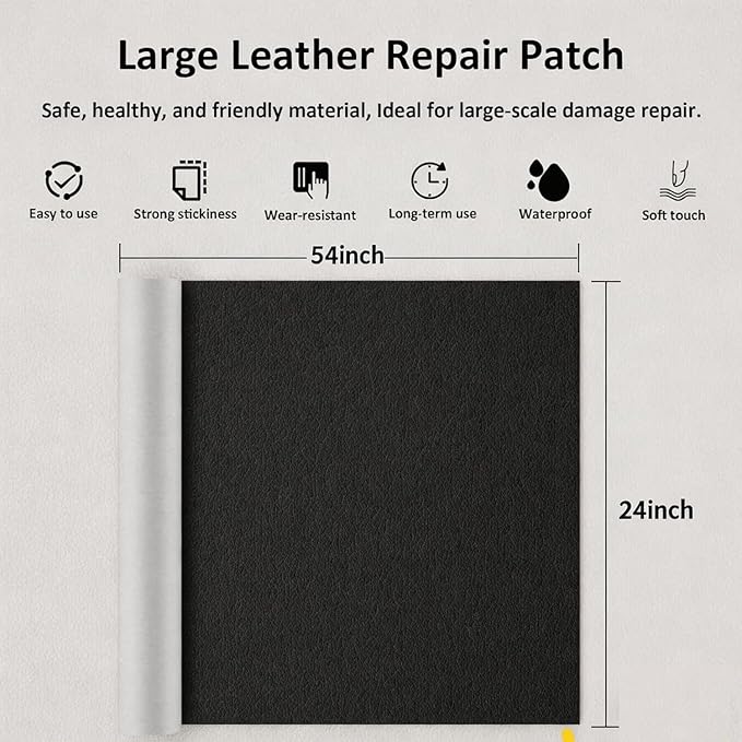 Leather Repair Patch 24x54 Inch, Self Adhesive Leather Repair Tape, Large Vinyl Repair Kit for Sofa Couch Furniture Car Seats, Strong Adhesion Waterproof Scratch Resistant Easy Cut (Black)