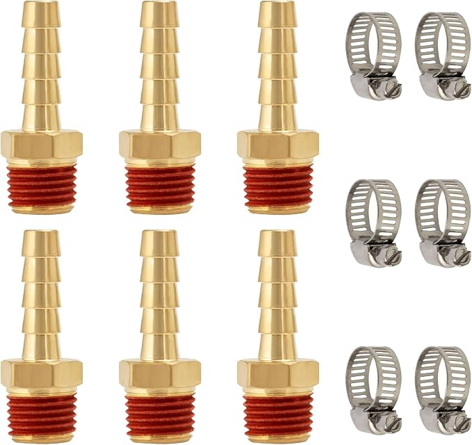 SUNGATOR 6-Pack 1/4'' Barbed Air Hose Fittings, Brass 1/4 Inch NPT Male Air Hose Repair Kit with Sealant, Barbed Gas Line Repair Brass Fittings with 6 Pcs Clamps