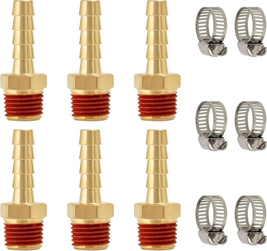 SUNGATOR 6-Pack 1/4'' Barbed Air Hose Fittings, Brass 1/4 Inch NPT Male Air Hose Repair Kit with Sealant, Barbed Gas Line Repair Brass Fittings with 6 Pcs Clamps