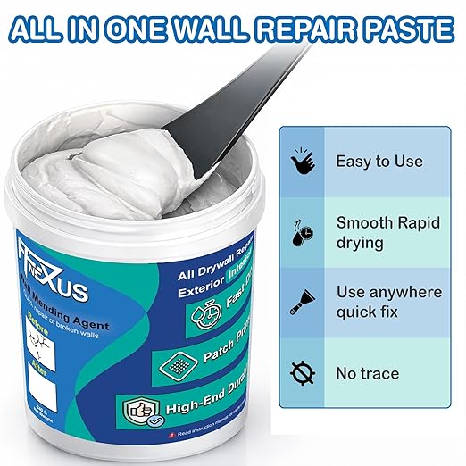 Drywall Repair Kit – 2×8.47 oz Putty Jars with 2×2″ & 4×4″ Wall Patch Mesh, Small & Large Scrapers & 2 Sandpapers | Quick-Dry Spackle & Sheetrock Crack Filler for Wall, Ceiling & Plaster Repair