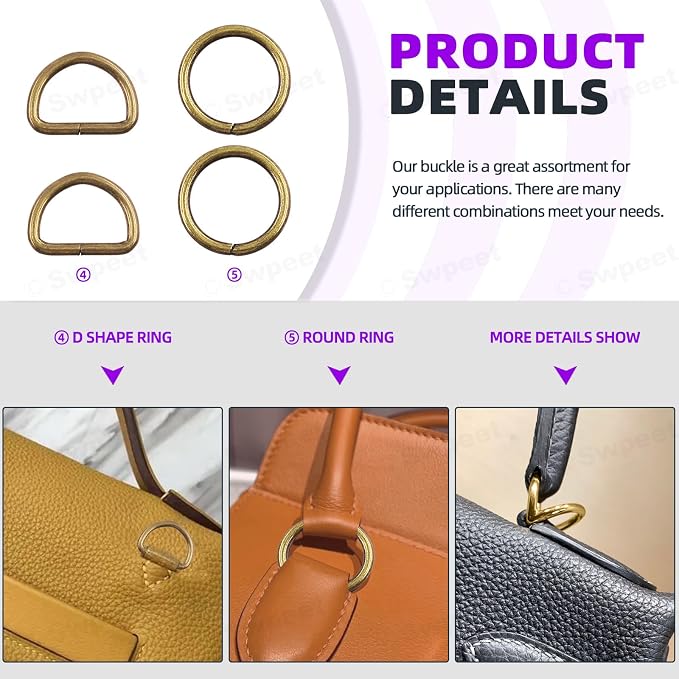 Swpeet 5 Style Metal Buckles - Adjustable Slide, D Ring, Circular Ring