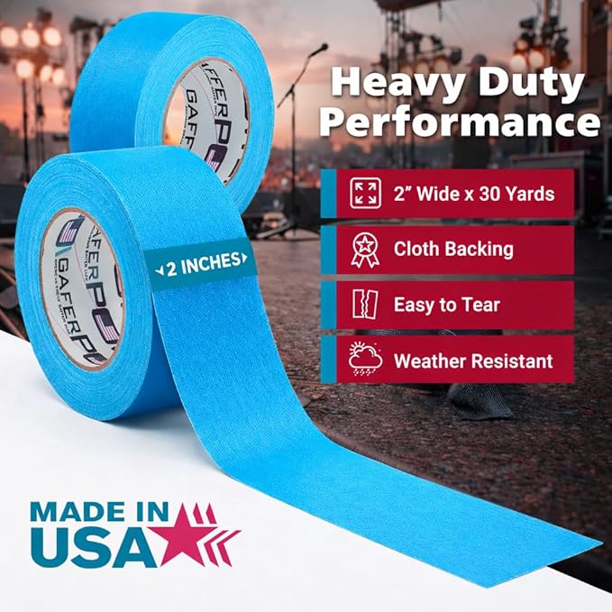 Gaffer Power Professional Grade Gaffer Tape 2 Inch x 30 Yards, Fluorescent Blue – Made in USA, High Visibility Cloth Tape for Floor Marking, Stage, Film, Clean Removal, Heavy Duty