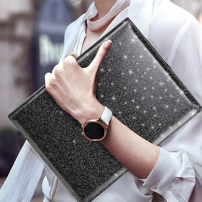 Glitter Portfolio Case, Bling Padfolio Cover for Women, Conference/Resume/Legal Document Organizer with Letter/A4 Size Clipboard Hardboard, Business Card Holders, Black