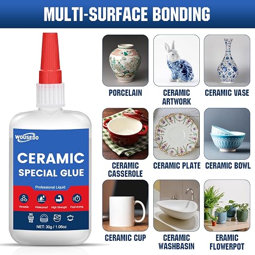 WOUSEDO Ceramic Glue 30g, Waterproof & Heat-Resistant Instant Adhesive | High-Strength & Clear, Fast Curing Super Glue for Porcelain, Clay Pots, Figurine, Pottery, Dishes Repair, DIY Crafts.