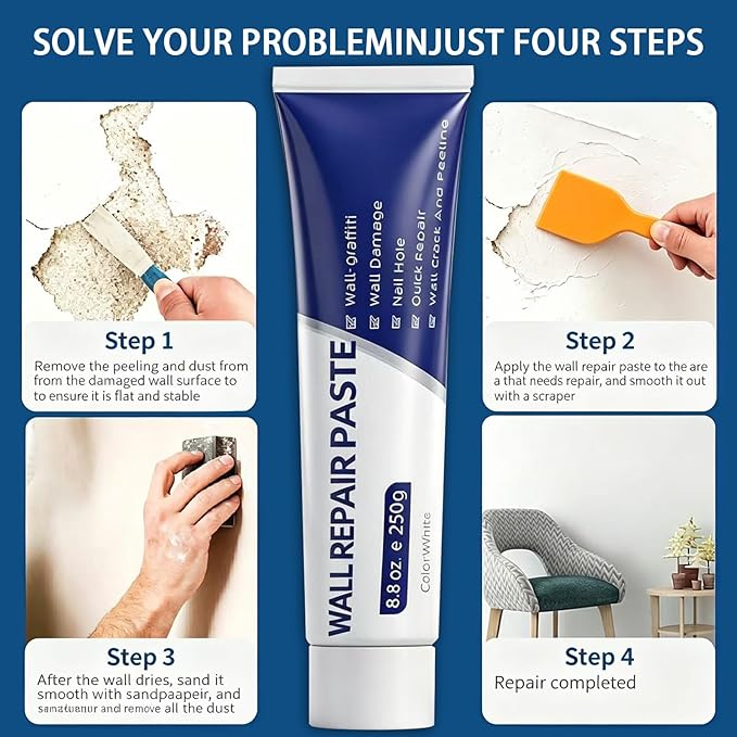 Wall Repair Paste，Drywall Patch Repair Kit with Scraper | Instant Wall Hole Filler & Crack Repair Paste | Quick Fix Sol for Drywall, Tile Gaps, Nail Holes & Small Damage | Drywall Repair Kit