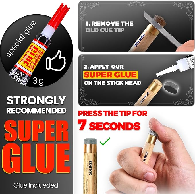 Billiard Pool Cue Tips - Pool Cue Stick Tips Replacement Repair Kit Billiard Cue Tips with Storage Box for Pool Table Cues Stick Tips Head and Leather Snooker Stick - SOLROS