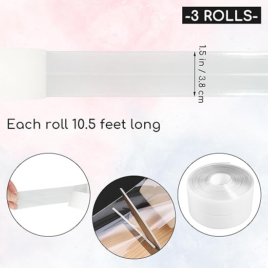 3 Rolls 10.5 Feet Caulk Tape Toilet Caulking Strip Self Adhesive Bathroom Sealing Peel and Stick Caulk Strip for Bathtub, 1.5 Inches (Transparent)