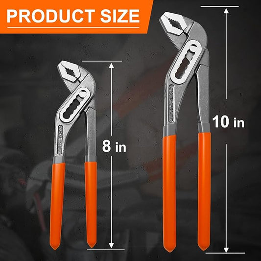 2-Piece Water Pump Pliers Set, 8" & 10" Quick-Adjust Groove Joint Pliers, Forged Carbon Steel with Bi-Material Grip for Plumbing, Auto, DIY & Home Repair