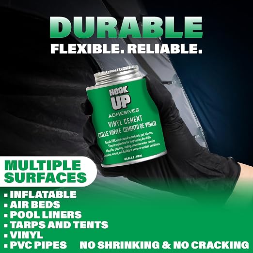 HOOK UP Vinyl Cement – Waterproof Pool Liner Repair Glue for Vinyl & PVC, Fast-Drying Flexible Contact Cement for Inflatables, Air Mattresses, Boats, Tarps, Hot Tubs & Pool Patch Repairs (4 oz)