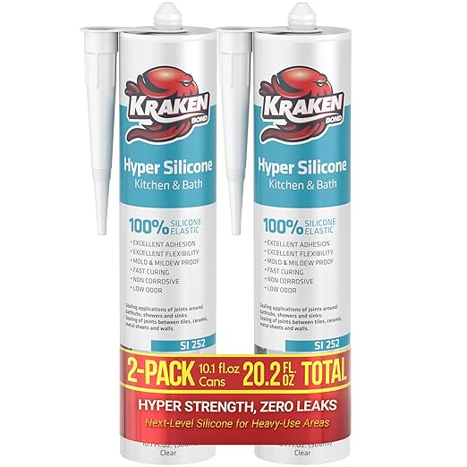 Kraken Bond Hyper Clear Caulking Sealant - (2x10.1 Fl. Oz) Fast Curing 100% Silicone Neutral for Kitchen & Bathroom, Bathtub, Shower and Sink, Low Odor, Waterproof, Anti Shrink Caulking, 2 Pack