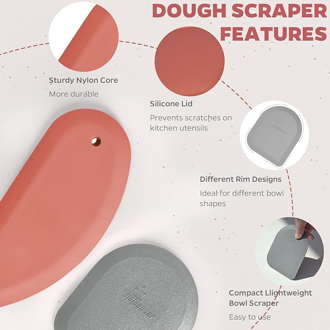 Bowl Scraper Dough Scraper Tool - Set of 2 Silicone Bench Scraper for Baking, Kitchen Pastry Scraper for Bread, Cake, Batter, cheese, Cream, Honey, Jam, Food Scraper with Curved Edge, Red & Grey