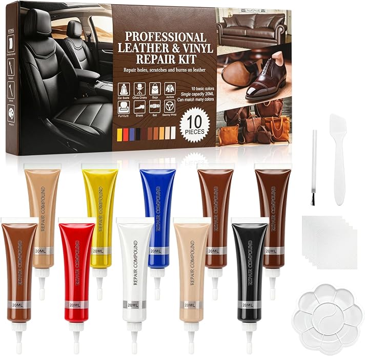 Leather Repair Kit for Furniture, Sofa, Jacket, Car Seats & Purse, 10 Color Vinyl Repair Kit with Easy Instructions to Match More Color, Restore Tears, Scratches on Genuine, Bonded Leather