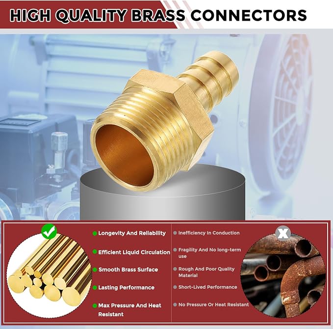 Pack of 8 Brass Hose Barb Fittings Adapter Connector 1/2" Hose Barb to 3/4" NPT Male Fittings for Home Machines, Massage Bathtubs, and Irrigation Systems