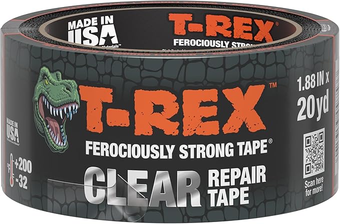 T-Rex Ferociously Strong Clear Repair Tape - Tears Easily by Hand - 1.88 Inch x 20 Yard Crystal Clear Tape for Discreet Fixes - All Weather & UV Resistant - Indoor/Outdoor (243155)