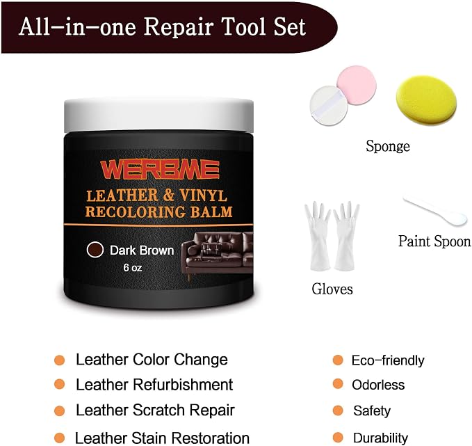 Leather Recoloring Balm - Leather & Vinyl Repair Balm for Furniture, Couches,Car Seats, Auto Interior & Accessories, Restores Faded, Worn, Scratched and Cracked Leather Surfaces (Dark Brown)