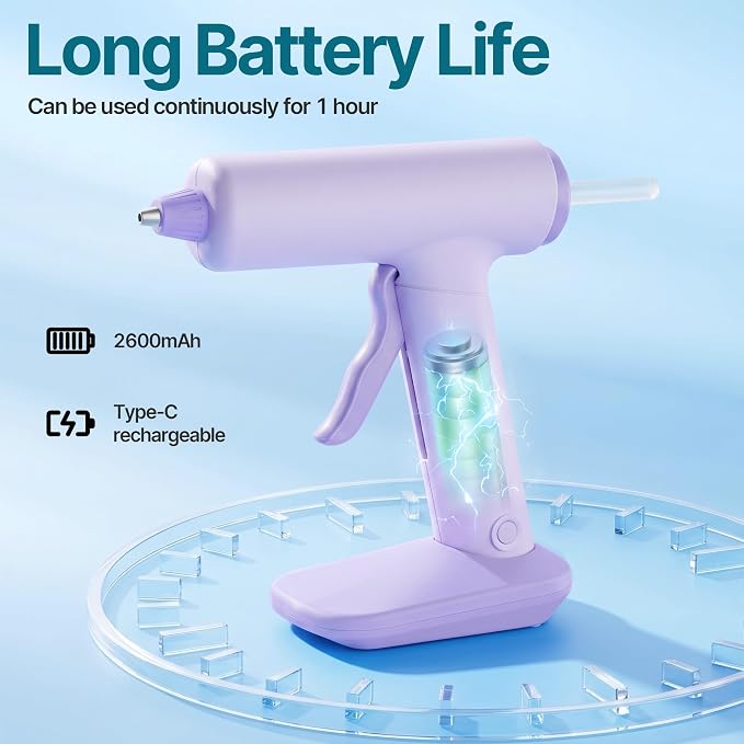Cordless Hot Glue Gun Kit USB-C Rechargeable Magnetic Mount Base with 40 Premium Glue Sticks for DIY Crafts and Gifts（Purple）