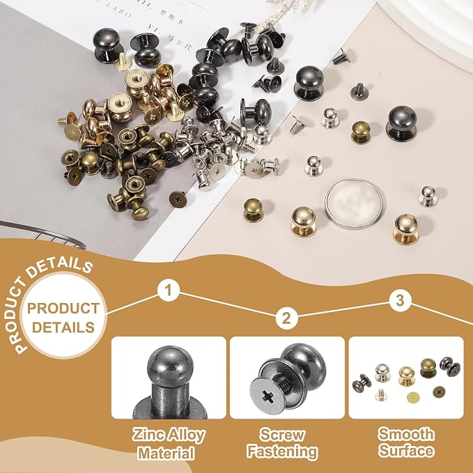 PATIKIL 4 mm Leather Rivets, 20 Sets Ball Head Stud Screw Back Round Head Button Chicago Screw Nipple Stud Rivet for Leather DIY Craft Handbag Belt Repairs, Black