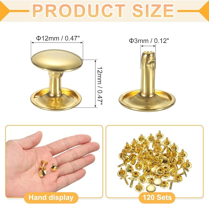 uxcell 120Set Leather Rivets, 12mm Double Cap Rivet Tubular Metal Studs Repairs Decoration Craft Accessories for Repair Decorate Leather Craft Belt Bag Shoes Purse Belts, Gold