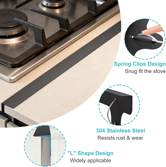 Stove Gap Covers - 2 Pack Stainless Steel Stove Gap Filler, Length 23.4" Width 0.79"Heat Resistant Oven Gap Filler - Spring Clip Design Non-Slip Stove Guard Between Stove Top & Counter