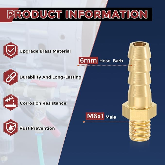 Pack of 1 Brass Hose Barb Fittings Adapter Connector 6mm Hose Barb to M6x1 Male Fittings for Home Machines, Massage Bathtubs, and Irrigation Systems