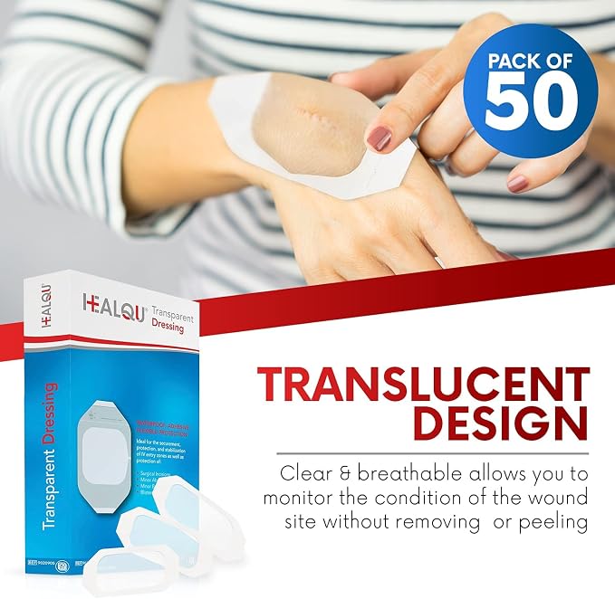 Transparent Film Dressing 4" x 4.75" (50 Pack) – Waterproof Adhesive Wound Bandages for Post-Surgical Shower, IV Shield, Tattoo Aftercare, Clear Breathable Dressing Patches by HEALQU