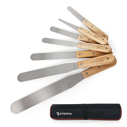7-piece Caulking Spatula with Wooden Handle, Professional Stainless Steel Caulk Tool Set Finishing Tools, Streamline Spatulas for Caulk Application
