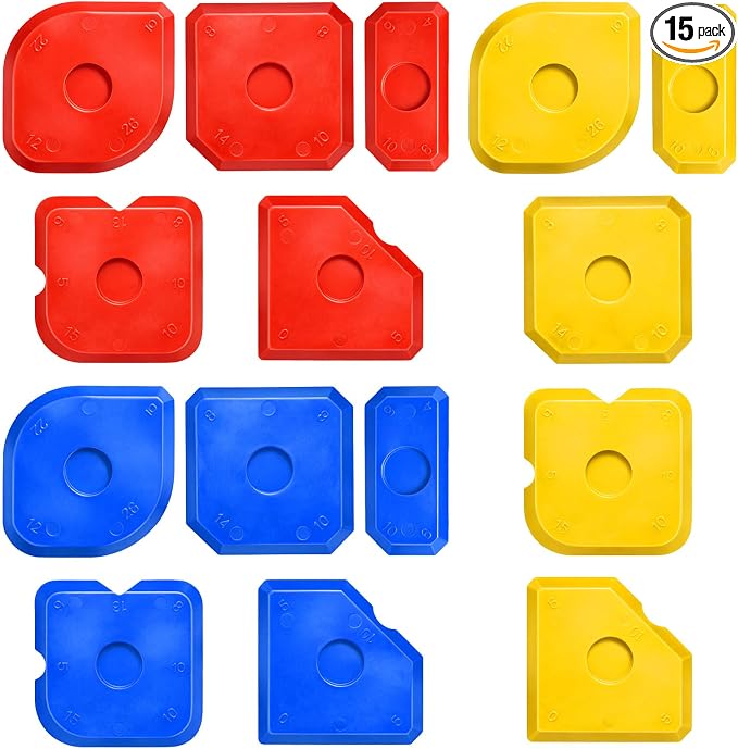 15 PCS Caulking Tool Set, Silicone Sealant Finishing Tools Multi-edge Sealant Applicator Smoother Portable Sealants Scraper for Kitchen Bathroom Floor Window Sealants Sealing Sink (Red Yellow Blue)