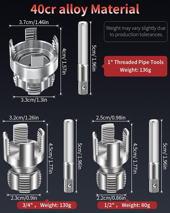 3PCS PVC Pipe Threader Kit for Drill,Internal & External Threads | Fits 1/2", 3/4" and 1" PVC pipes; drill-compatible tools create clean internal and external threads for plumbing repairs.