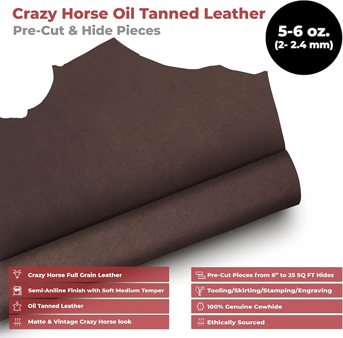 ELW Crazy Horse Leather 5-6 OZ (2-2.4mm) | Dark Brown | Pre-Cut 2.5-4 SQ FT | Full Grain Cowhide Handmade Leather for DIY, Crafts, Sheaths, Sewing, Workshop
