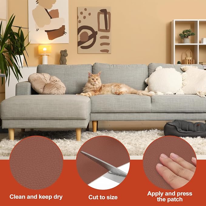 PATIKIL Leather Patches Tape for Furniture, 3.2 x 61 Inch Self Adhesive Vinyl Leather Repair Kit Cover Sheet for Couch, Sofa, Car Seats, Office Chair, Caramel Brown
