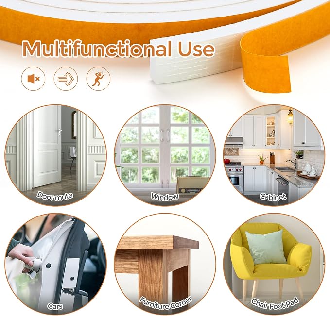 13 Feet Weather Stripping Door Seal, 1/2" Wide X 1/2" Thick Door Seal Strip High Density Foam Tape Adhesive Strip for Door Soundproofing, Window Insulation (1/2" Wide X 1/2" x 13FT, White)