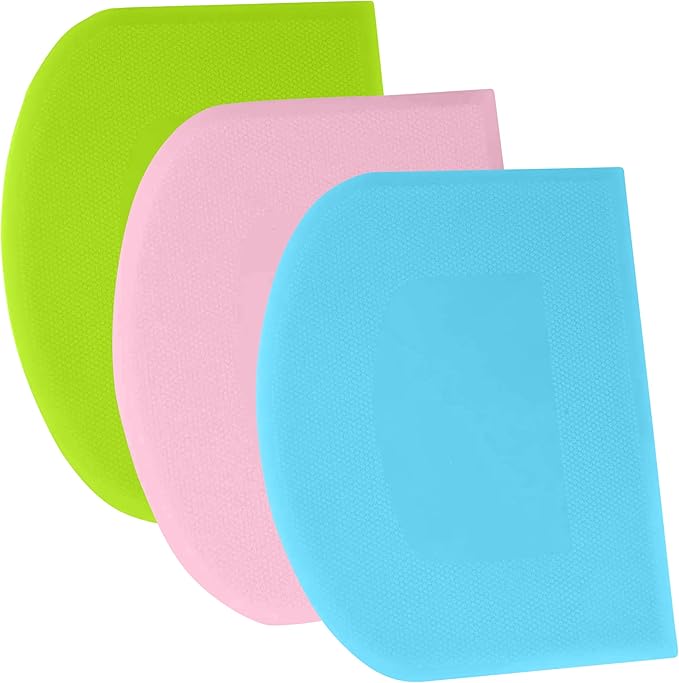 SURDOCA Dough Scraper Bench Scraper - 3P 10.6x6.7" Plastic Flexible Bowl Scraper, Sharp Edge & Angles Cake Scraper. Non-Slip Bakeware Decorating Tools Sculpting & Modeling Tools - Pink+Blue+Green