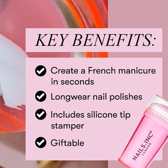 Nails Inc 45 Second Speedy Gloss French Manicure Hack Set, Pink, No Chip, Long Lasting, Quick Dry, Air Dry, Professional Manicures & Pedicures, Silicone Stamper, DIY Nail Art Design, 3 Piece Set