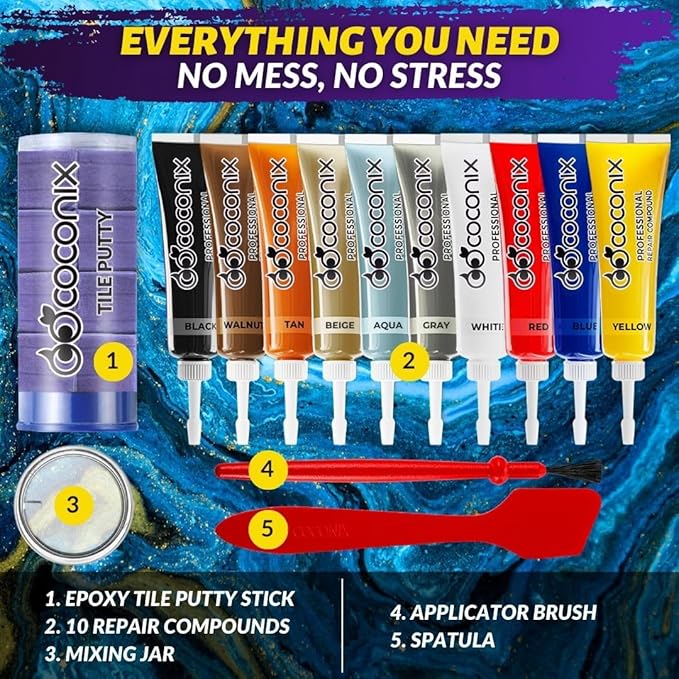 Coconix Tile & Stone Repair Kit | Fix Cracks, Chips, and Scratches on Bathtubs, Tile and Stone Floors, Walls, and Counters | Easy Application with Kneadable Putty