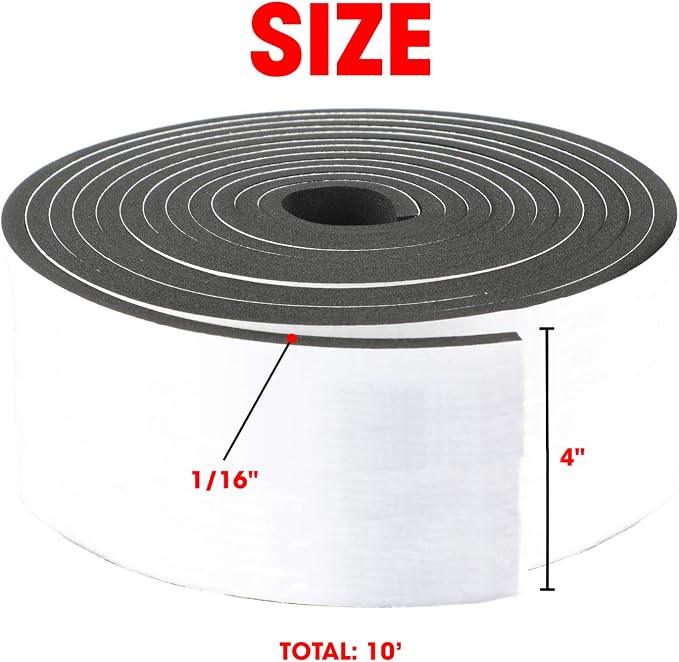 Neoprene Foam Strip Roll By Dualplex, 4" Wide x10' Long 1/16" Thick, Weather Seal High Density Stripping with Adhesive Backing – Weather Strip Roll Insulation Foam Strips