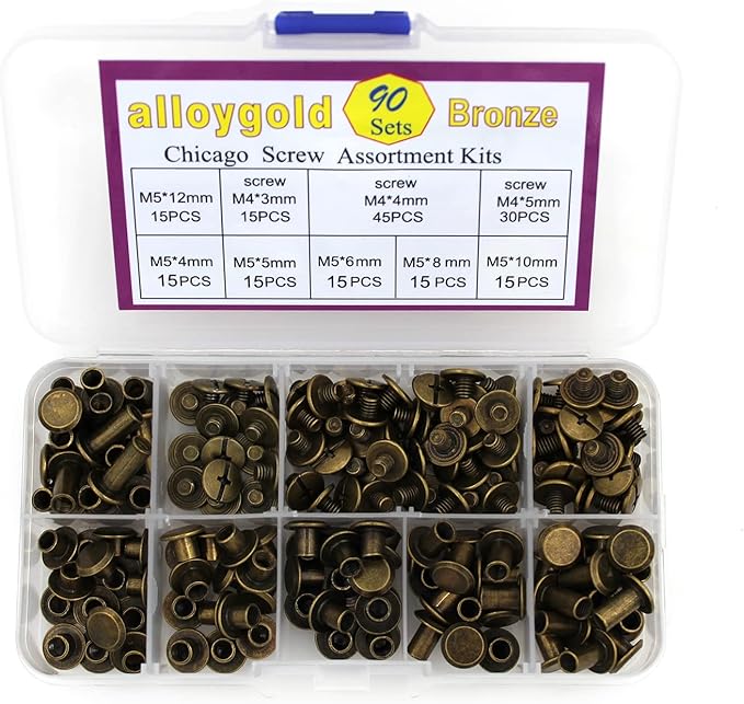 Bronze Chicago Screws Leather Kit, 90 Sets, 6 Sizes (M5 X 4-12) | Screw Rivets, DIY Leather Craft, Bookbinding, Assorted Kit