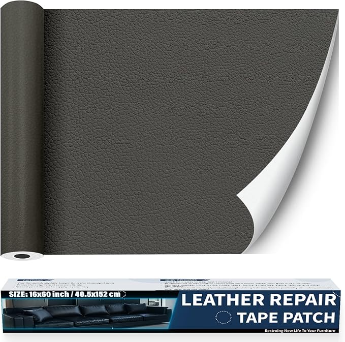 Zenyao Leather Repair Patch Tape - Self Adhesive Leather Repair Kit for Car Seat Furniture, Heavy Duty Vinyl Repair Patch for Couch Sofa, Waterproof Fix for Tears, 12x30 Inch Roll, Dark Grey
