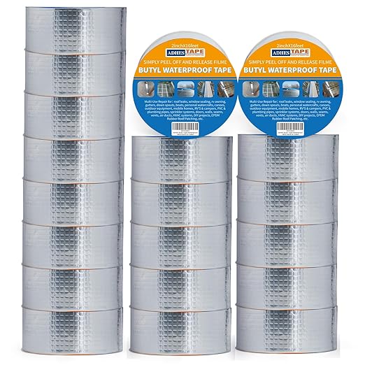 ADHES Upgrade Butyl Tape Waterproof Tape, 1.2mm Thick, 20 Rolls x 2 inch x 16 feet, Aluminum Foil Tape Butyl Sealant Tape for RV Repair,Window,Boat and Pipe Sealing,Glass & EDPM Rubber Roof Patching