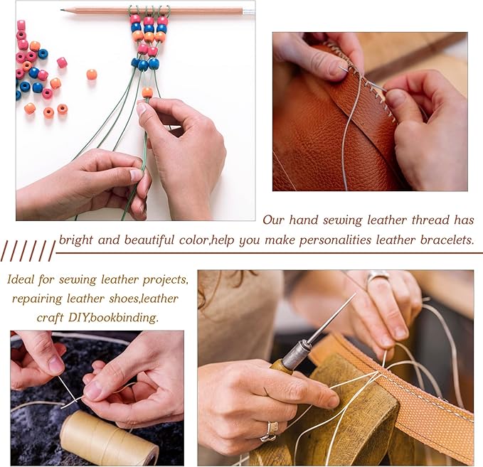 0.8mm Waxed Thread for Leather Sewing, 284 Yards, 150D Flat Wax String, Waxed Cord for Bracelet Making, Bookbinding, Shoe Repairing, Leather Projects, DIY Crafts (White)
