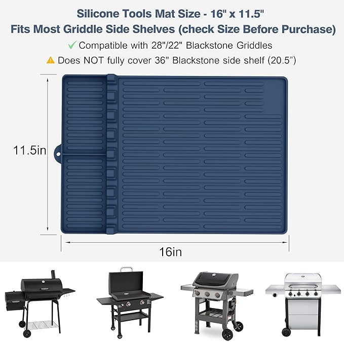 Silicone Grill Mat Compatible with Blackstone, BBQ Griddle Tools Mat with Drip Pad, Large Spatula Holder for Outdoor Kitchen Counter, Gifts for Men (Blue)