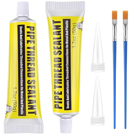 Threlaco 2 Pcs Soft Set Pipe Thread Sealant, 1-3/4 Ounce Non Hardening Paste with 2 Brush for Metal & Plastic Leak Proof, Temp Range -100°F to 600°F, Drip Resistant Ideal for Plumbing & HVAC