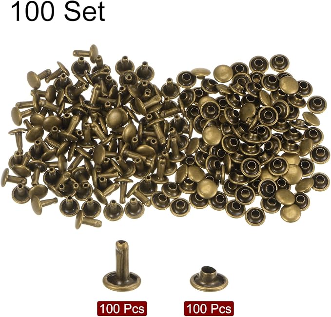 HARFINGTON 100 Sets Leather Rivets 8 x 7mm Metal Double Cap Rivet Snaps Studs Fasteners with 3pcs Setting Tools Rivets for Leather Craft DIY Repair Decoration, Bronze