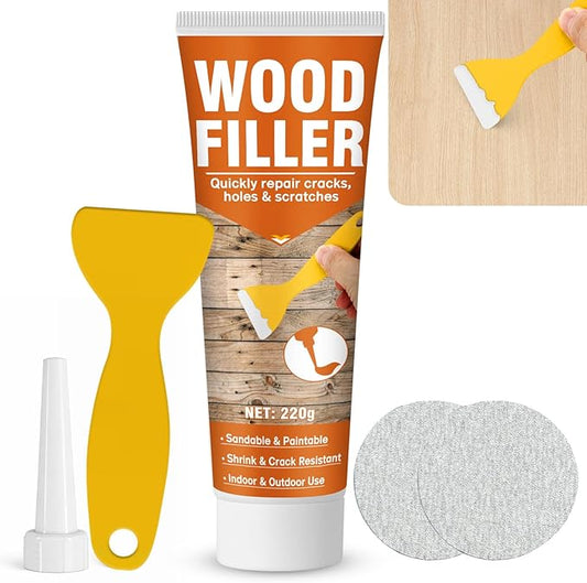 Wood Filler, 7.76 oz Paintable & Sandable Wood Putty –Low Odor, Shrink & Crack Resistant-Quick Repair for Cracks, Holes and Damage-For Indoor & Outdoor Wood Repair(White)