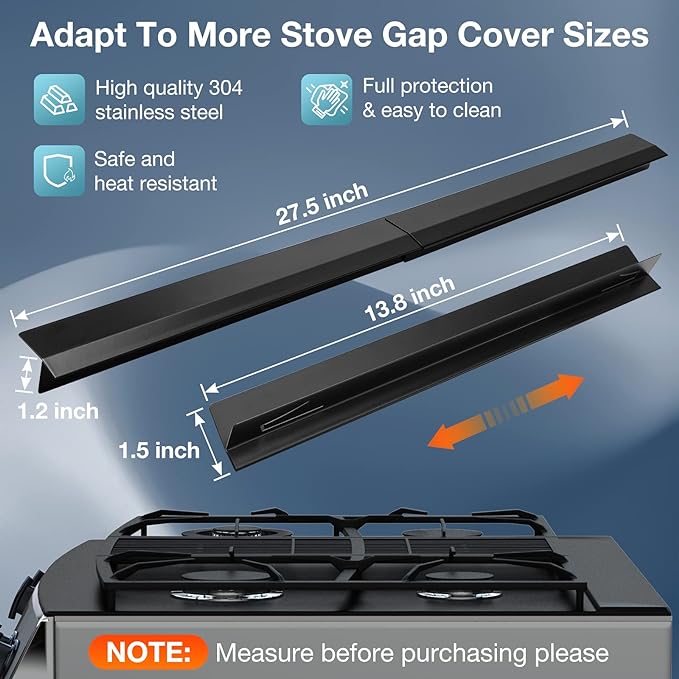 2PCS Kitchen Stove Counter Gap Covers, Stainless Steel Stove Gap Guard, Cooktop Trim Kit, Stove Gap Guards, Oven Gap Filler, Heat Resistant & Effectively Protect Stove Gap Filler(13.8"-27.5" Black)