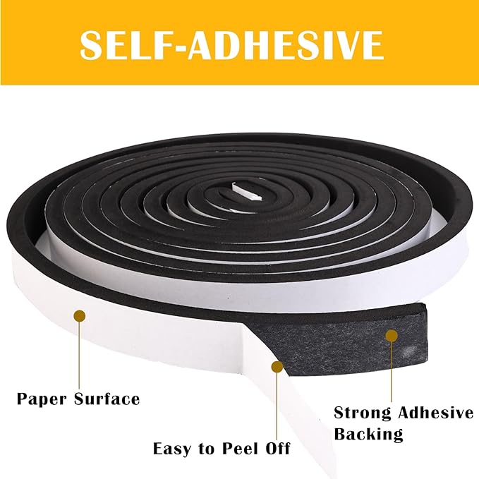 Black Foam Insulation Tape with Self-Adhesive Backing,Closed Cell Foam Weatherstripping 1/2 inch Wide x 3/8 inch Thick,Soundproofing Door Weather Seal Strip for Door and AC Window Seal,High Denisty