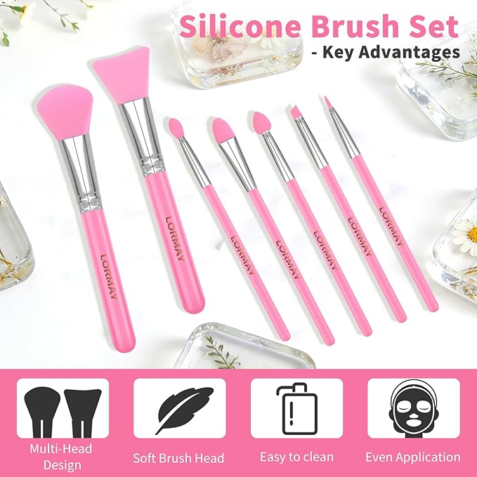 LORMAY 7 Pcs Silicone Brush Applicator Kit for UV Resin Epoxy Art Crafts and Cream Makeup Products (Pink)