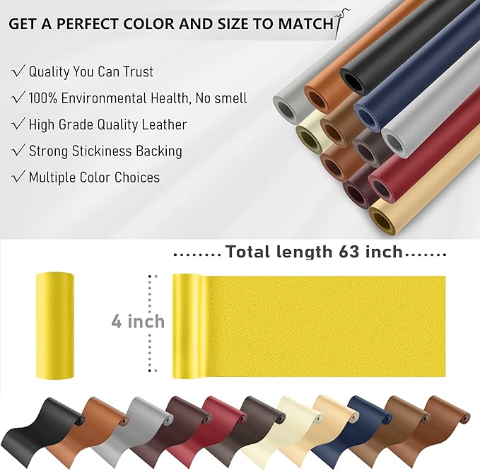 YAFLC Self Adhesive Leather Repair Tape Kit, 4"x 63" Leather Repair Patch for Furniture, Leather Repair Patch for Car seat, Sofas, Couch, Boat Seat Yellow